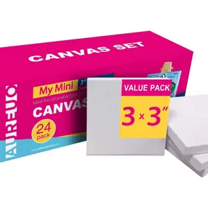 Mini Stretched Canvas - 3x3 Inch/24 Pack - 2/5 Inch Profile Tiny Square Canvas Boards for Painting - Art Gift Set Bulk Pack Canvases for Acrylic Halloween Painting & Craft
