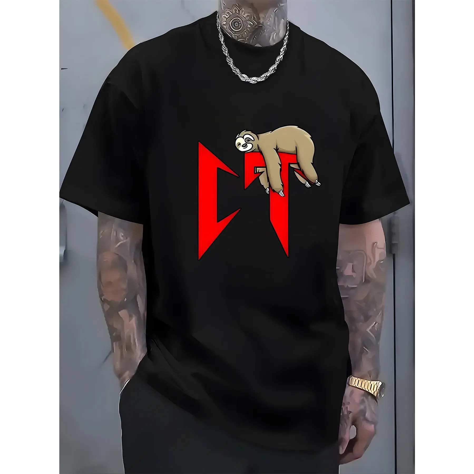 "CT" letters, patterns, printed men's T-shirts, men's novel pattern design T-shirts, summer casual and comfortable T-shirts, fashionable short-sleeved comfortable and versatile summer T-shirts, adventure.