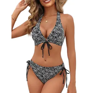 BMJL Halter V Neck Mid Rise Tie Side Swimsuit Womens Sexy Triangle Top Two Piece Bikini Sets  #TikTokShopHolidayHaul