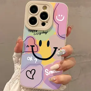 White colored color block and large smiling face pattern Protective phone case, compatible with Apple 17, 16, 15, 14, 13, 12, 11/Pro/Pro Max/Plus