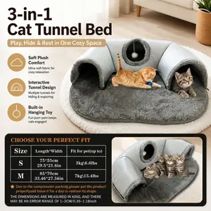 3-in-1 Cat Tunnel and Bed, Shaped Beds - Comfortable and warm pet bed with non-slip bottom, easy to assemble, detachable design, suitable for small to medium cats, rabbits, hamsters - Soft polyester fabric, 15.43 lbs capacity