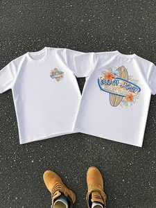 🌊 Ron Jon Surf Shop Floral Surfboard Round Neck T-Shirt | TikTok Viral Beach & Surf Style | Retro Tropical Hawaiian Graphic Tee | Vintage Coastal Casual Top for Men & Women |  Summer Outfit for Beach Days & Surfing Vibes