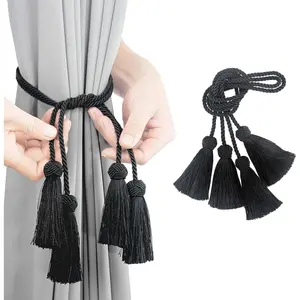 Elegant Decorative Hand Woven Curtain Tiebacks with Tassel for Drapes Window Treatment Holdbacks Black 2pack
