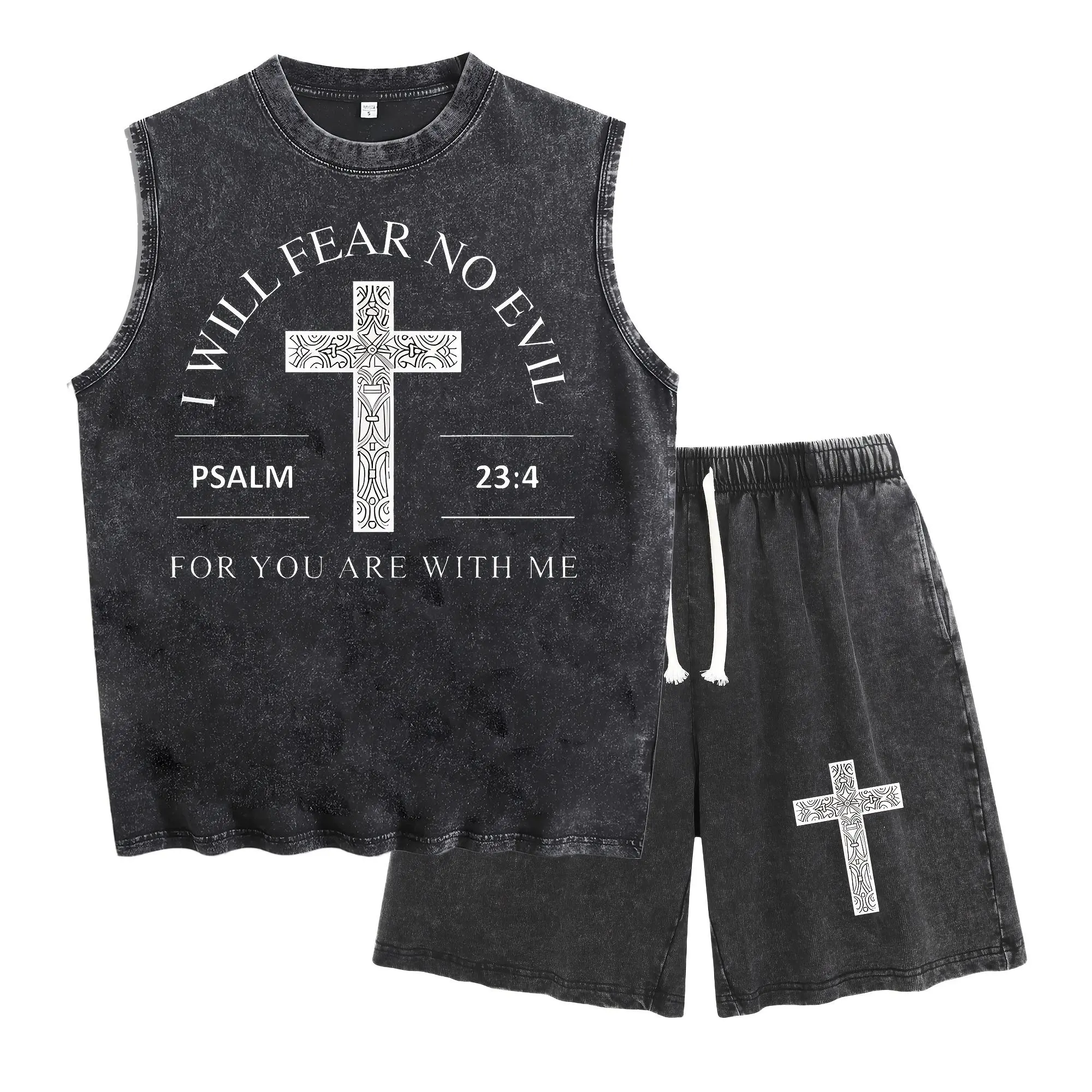 I Will Fear No Evil Psalm 23:4 Vintage Washed Tank Top Shorts Matching Set Ornate Cross Print Sleeveless Vest Drawstring Short Pants Christian Faith Casual Two Piece Summer Outfit