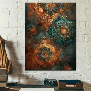 1 Piece Vintage Mandala Floral Canvas Wall Art - Teal and Gold Wooden Frame Wrapped Decorative, Living Room, Bedroom, Office Hanging Art - Mother's Day Gift Idea, 2D Graphic Art, Rich Colors, Great Choice for Room Decoration
