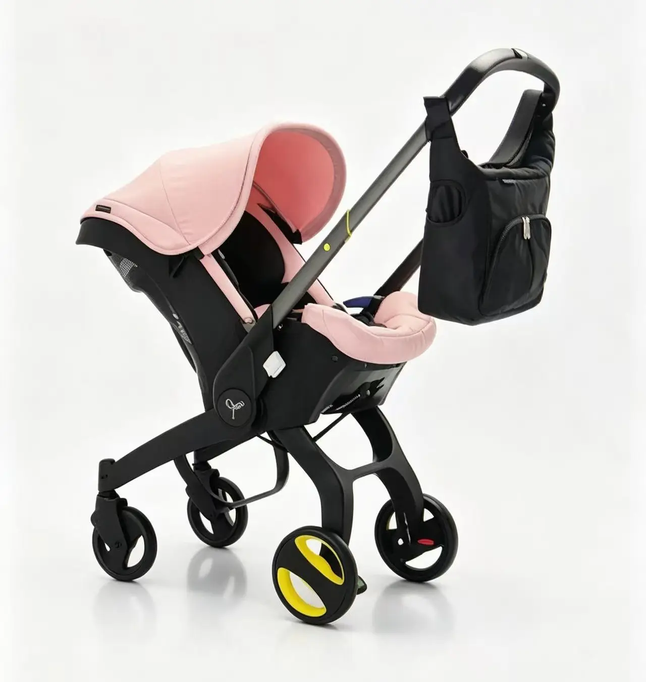 Stroller with Pink Canopy and Black Frame, Equipped with Yellow Wheels and a Black Bag, Ideal for Parents