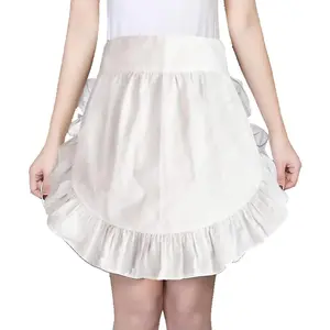 Ruffle Adjustable Apron Kitchen Cooking Restaurant Cotton Bistro Retro Half Aprons with Pockets For Girl Woman (White)