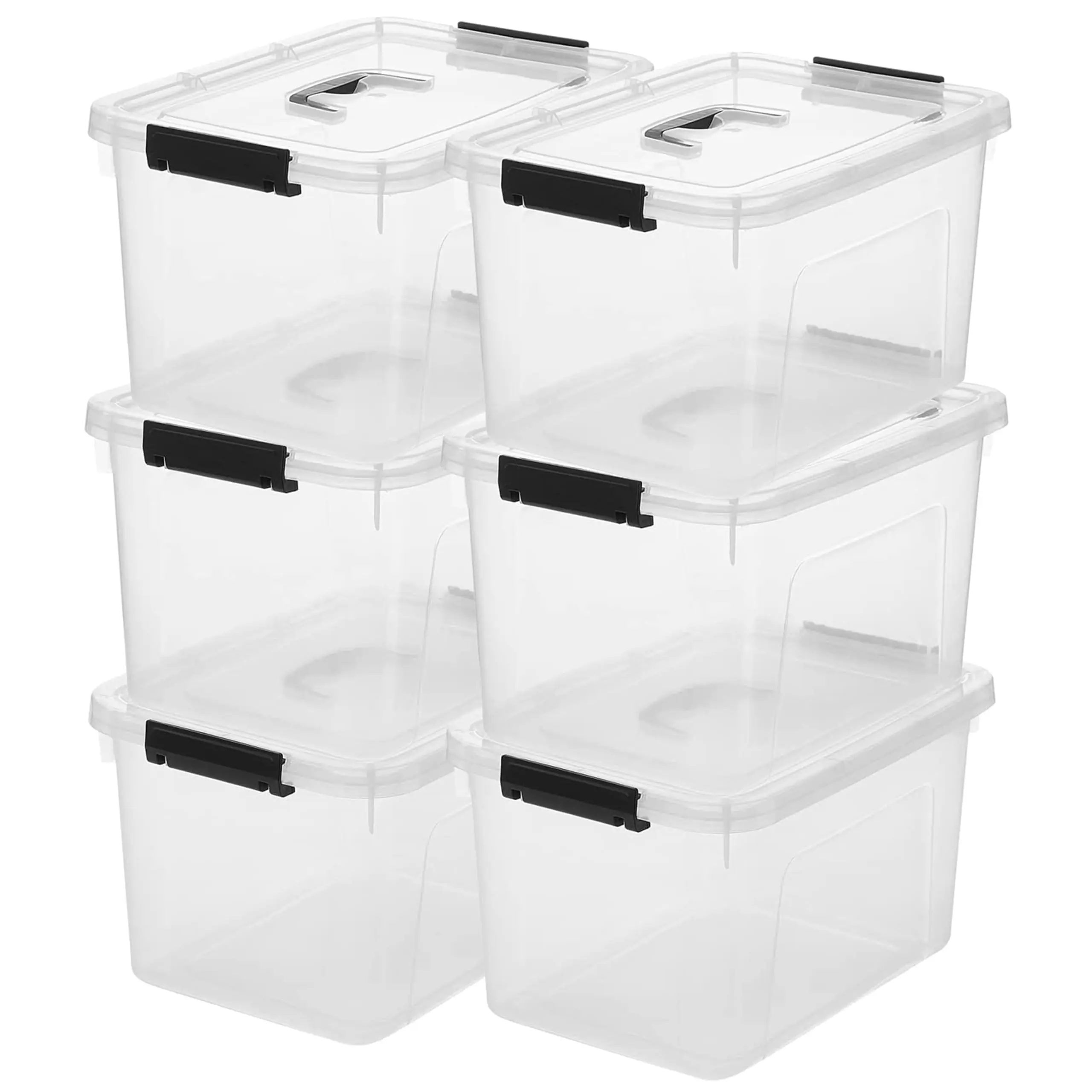 Stackable Plastic Storage Bins with Lids, 6 Pack - BPA-Free - See-Through Organizing Solution, Latches, Durable Nestable Containers, Secure Pull Handle - Clear