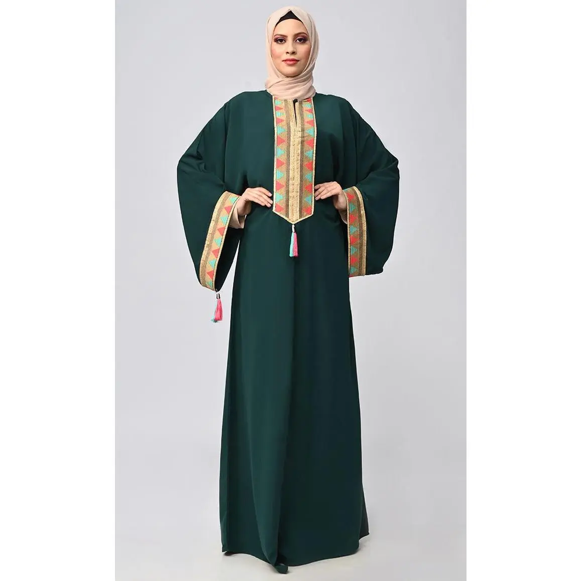 Zipper Front Abaya in Nida ·Embroidered Design
