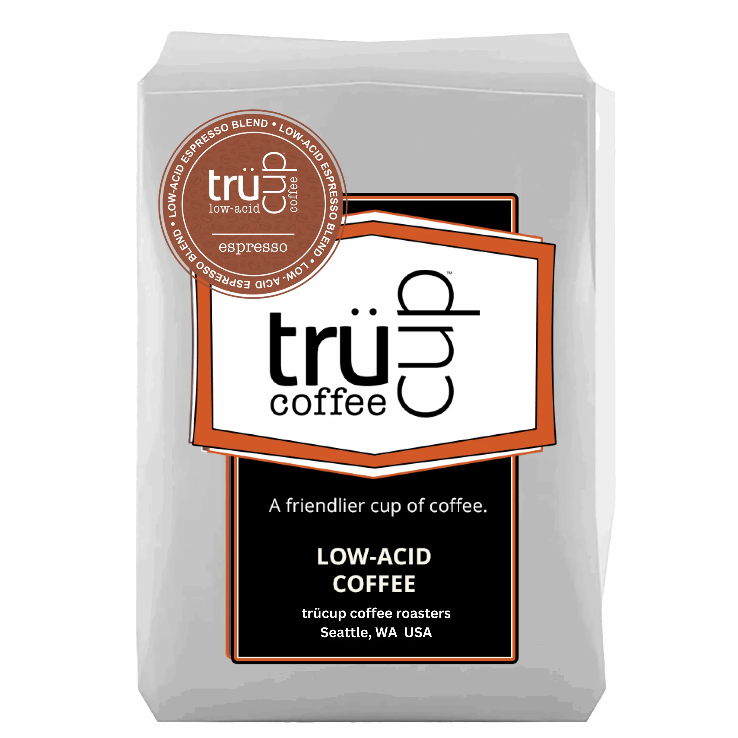 trücup Low Acid Coffee Beans, Espresso Blend - Bagged Pack, Whole Bean or Custom Grinds (Drip/Coarse) - Dark Chocolate Notes, Gentle Brew for Afternoon Latte, Smooth Finish, Stomach-Friendly - 12 oz, 2 lb, 5 lb