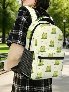 1pc Frogs and Dragonflies Harmony Pattern Backpack - Adjustable & Stylish, Large-Capacity Business Bag, Suitable for Shopping, Fitness, Hiking, Party, Beach, Commuting, Unisex