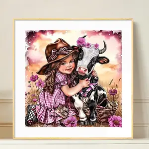 Cow & Teenager Pattern DIY Diamond Arts Colorful Painting Kit without Frame, DIY 5D Diamond Arts Colorful Painting for Bedroom Home Wall Decor