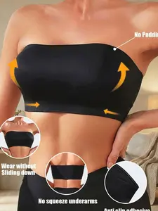 Women's Black Strapless Seamless Bandeau Bra Wireless Padless Backless Breathable Quick-Dry Fabric Suitable For Dresses And Daily Wear Casual-Comfy Medium Support Semi-Sheer Non-Slip Everyday Wear