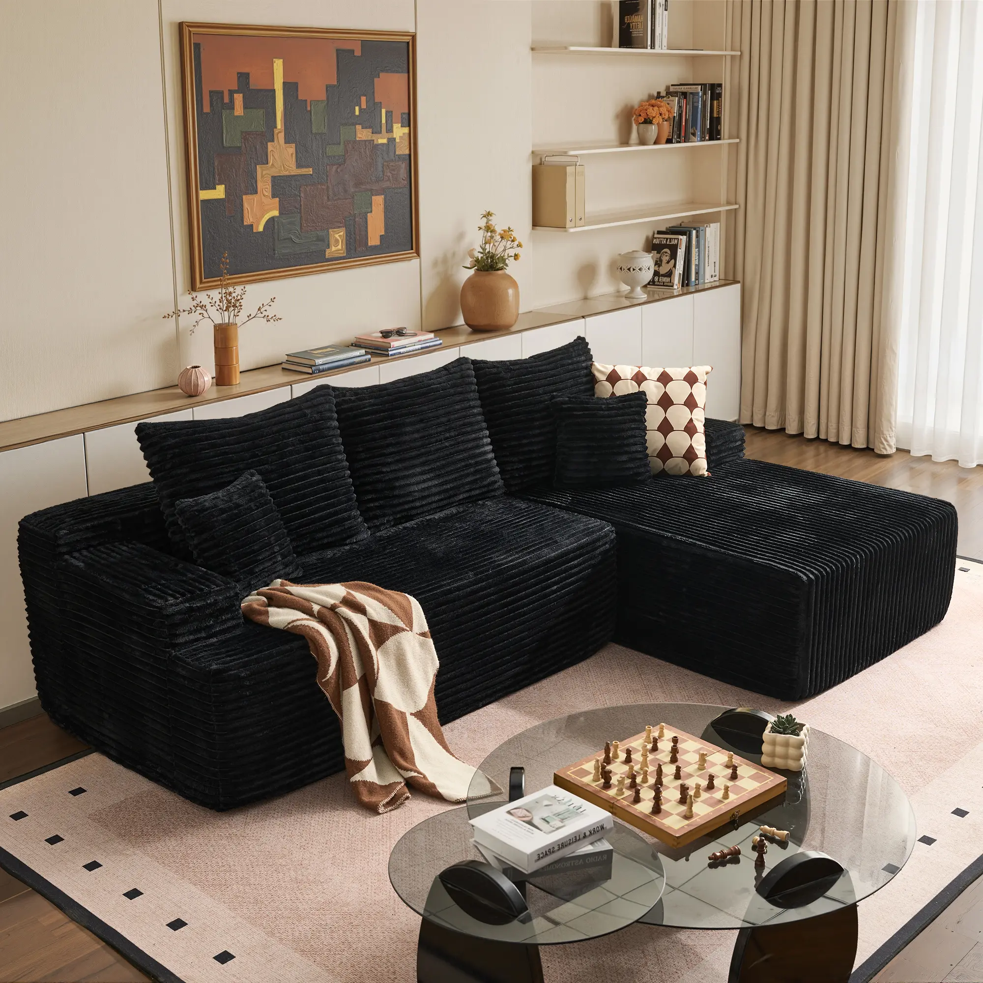 97" Black L Shaped Right Chaise