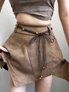 Women's Vintage Simple Wax Rope Belt, Ethnic Wind Braided Beaded Waist Cord, Unique Design Thin Leather Strap, Perfect for Daily Wear, PU Leather Belts, Vintage Waist Accessory