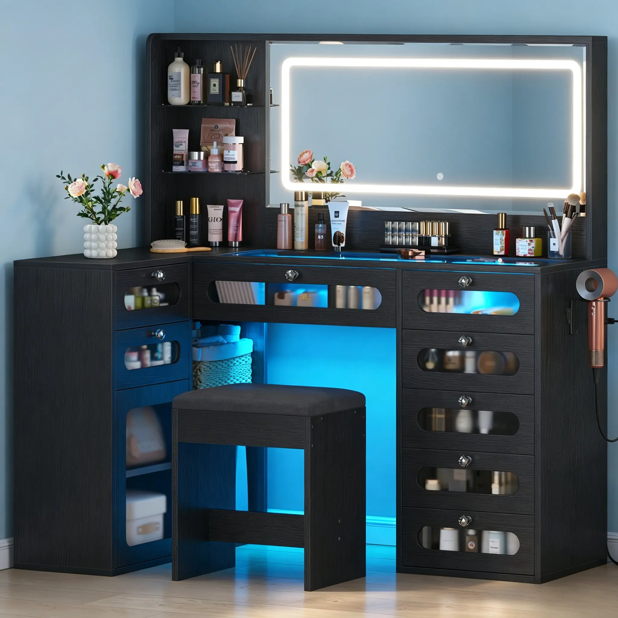 Vanity Makeup Desk with Mirror Light Fixture, 3 Color Modes, Dual RGB Drawers, Tempered Glass Storage Cabinet, Built-In Charging Station, Apartment Dresser Organizer Furniture