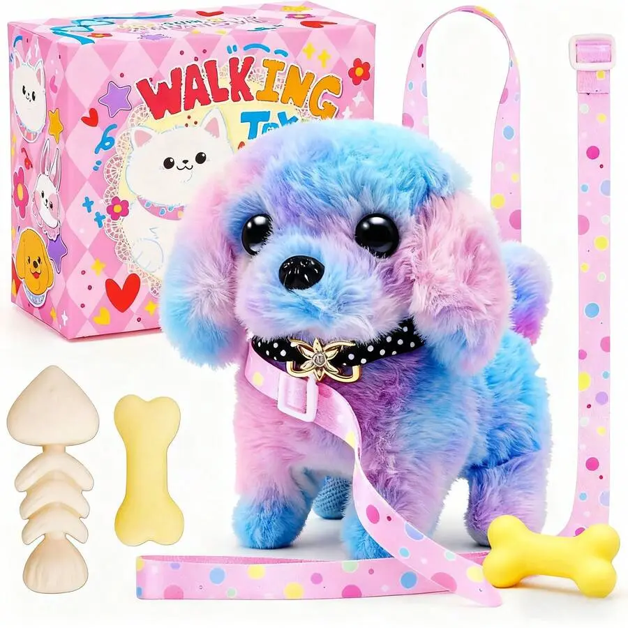 Colorful Electronic Walking Pet Dog Toy With Bone, Leash & Bow, Barking Plush Puppy For Imaginative Play, Birthday Christmas Easter Gift