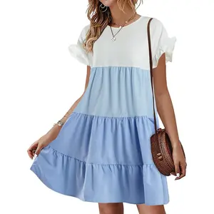 Lannew Womens Ruffles Boho Floral Printed Babydoll Loose Swing Casual Short Mini T-Shirt Dress with Short Sleeves for Summer