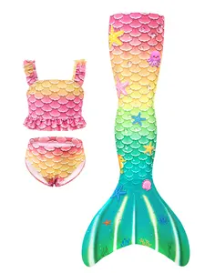 Girls Mermaid Bikini Swimsuit Set, Cute Shell Print Children Vacation Swimwear, Princess Performance Swimming Outfit, 3PCS Ruffle Top Bikini Bottoms Bathing Suit, Swimwear Sets, Toddler Swimsuit