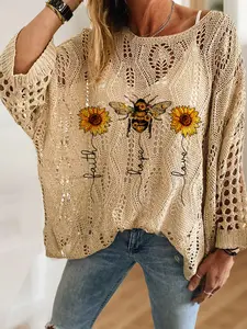 Women's Sunflower Floral Bee Animal Letter Print Knit Hollow Out Top, Casual Elegant Vacation Style, Comfortable Breathable Loose Fit