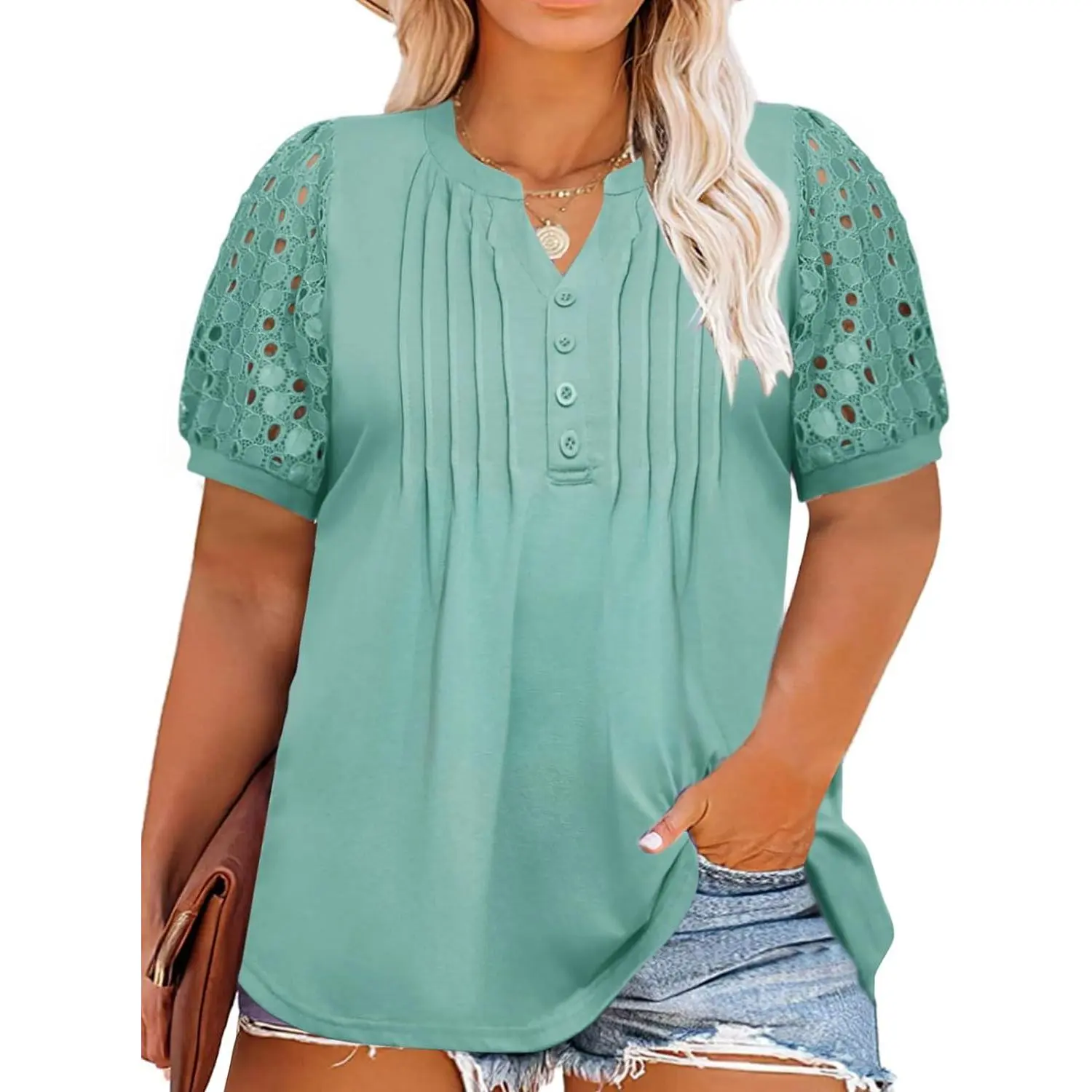 Imily Bela Women's Plus Size Henley T Shirt Summer Lace Sleeve Tees Casual Pleated Flowy Tunic Top