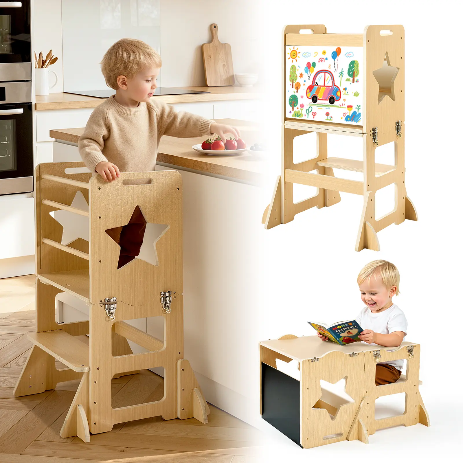 VEVOR 4-in-1 Wooden Montessori Toddler Tower Furniture Set, Durable Kitchen Step Stool for 1-5 Yrs Kids, 132lb Capacity, Table & Chair Set with Chalkboard, Easy to Clean for Kitchen, Flexible Conversion for Creative Learning Space