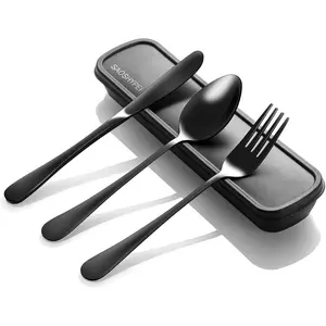 Portable Utensils Set with Case, 4pcs Stainless Steel Reusable Silverware For Lunch,Camping,School,Picnic,Workplace,Travel. Lunch Box Includes Fork,Spoon,Knife. Easy to clean, Dishwasher Safe(Black)