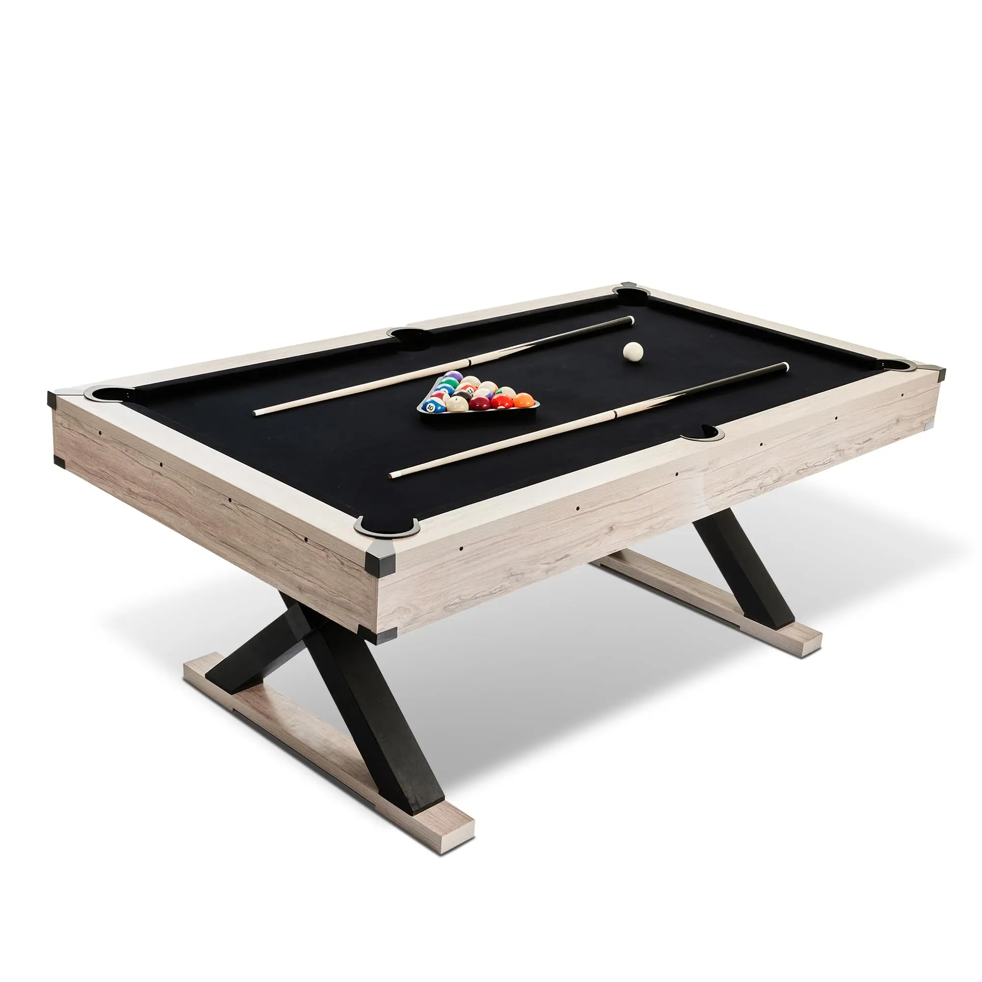 Garvee 7 Foot Billiard Table Set with Industrial X-Leg Design, Complete Pool Table Package Including 2 Cues, Balls, Chalk, Brush, and Triangle Rack for Home, Game Room, or Office
