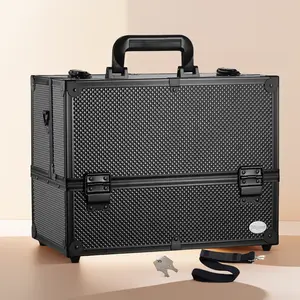 Black Professional Makeup Train Case 14 Inch Large 6 Trays Adjustable Cosmetic Storage Organizer with Lock and Compartments