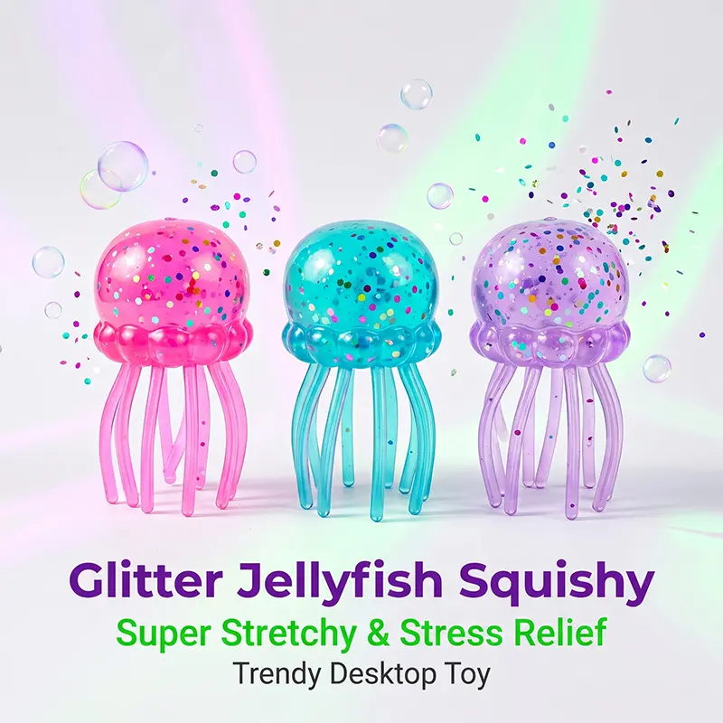 Glitter Jellyfish Squishy Toy, Super Stretchy Sensory Stress Relief Fidget Toy, Soft Anxiety Relief Trendy Desktop Toy for Kids & Adults