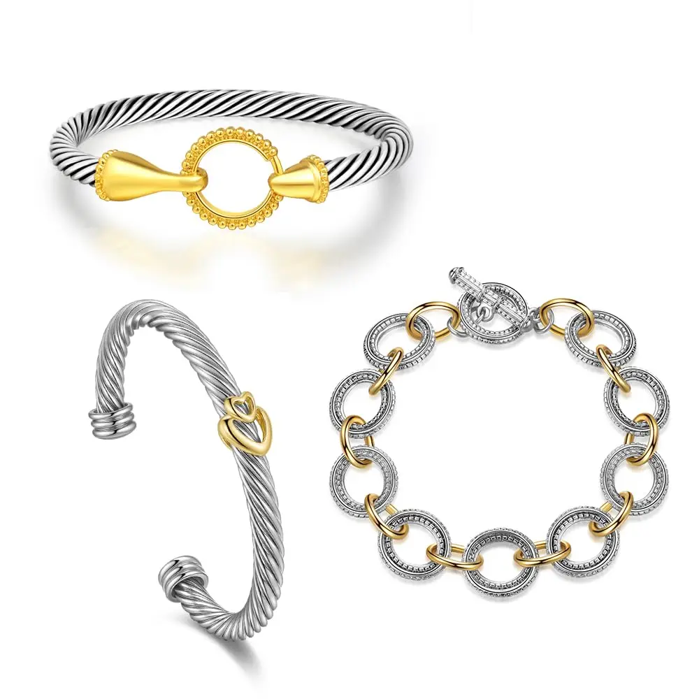 Aprilery Adjustable Stackable Twisted Cable Bracelet Set – 3PCS Cuff & Chain Link Knot Design Fashionable Statement Jewelry Perfect Mother's Day Gift tiktokshopbacktoschool