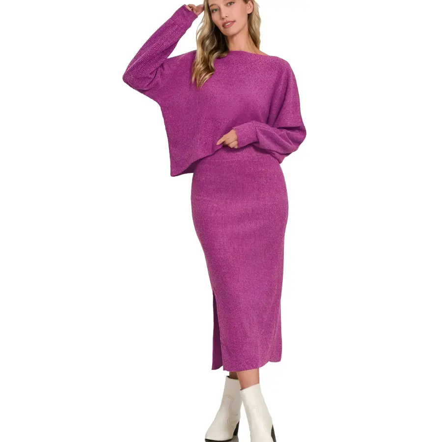 Viral Ribbed Magenta Skirt Set - Cozy 2PC Knit Sweater & Slit Midi Skirt Outfit for Fall/Winter Looks TikTokViralSet Women's Loungewear Set MagentaSkirtSet ColdSeasonStyle