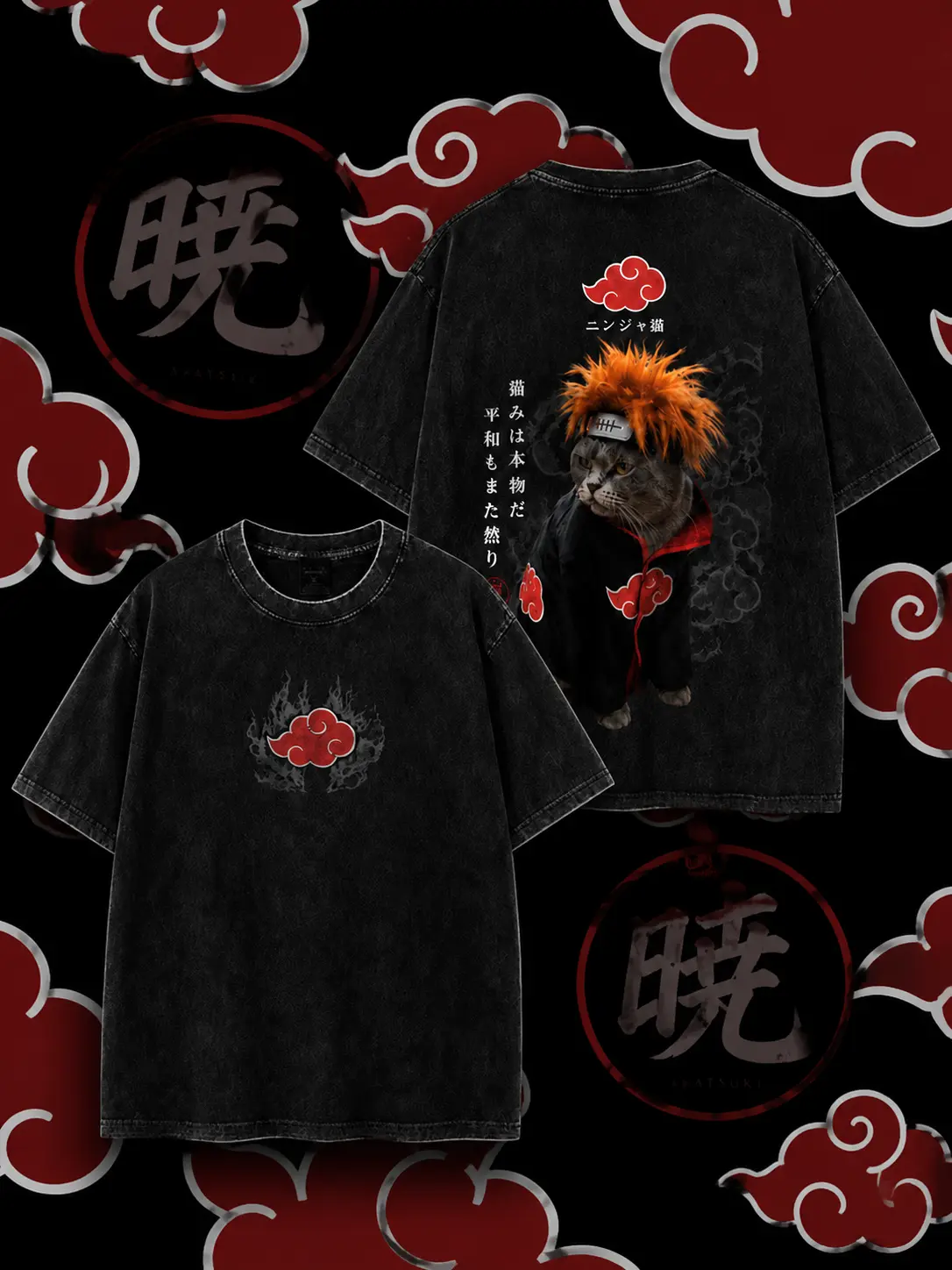 *Naruto*-themed T-shirt featuring a creative blend of the "Akatsuki" organization and cat motifs—designed for fans of *Naruto* and anime. Unisex T-shirt.