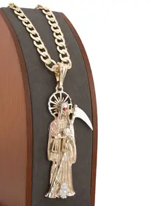 Large Santa Muerte pendant in three-tone gold plating, includes a 24-inch Cuban or rope style chain.