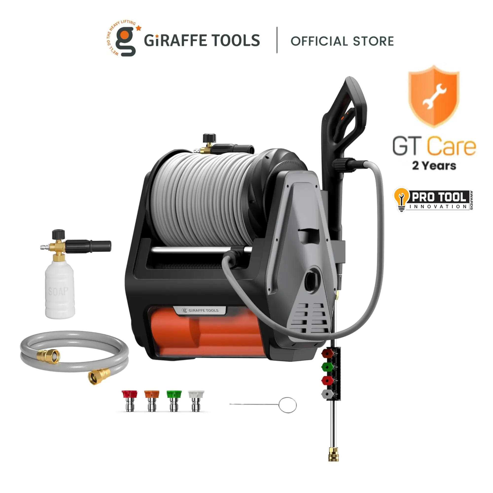 Giraffe Tools Grandfalls 3700 PSI 1.6 GPM Wall-mounted Retractable Pressure Washer Pro with 100ft Replacable High-Pressure Ultra-Soft Grey Hose, Upgraded Motor & Total Stop System Eco-Friendly, Pro Car Detailing, Large Estates & Driveways, 2 year-warranty