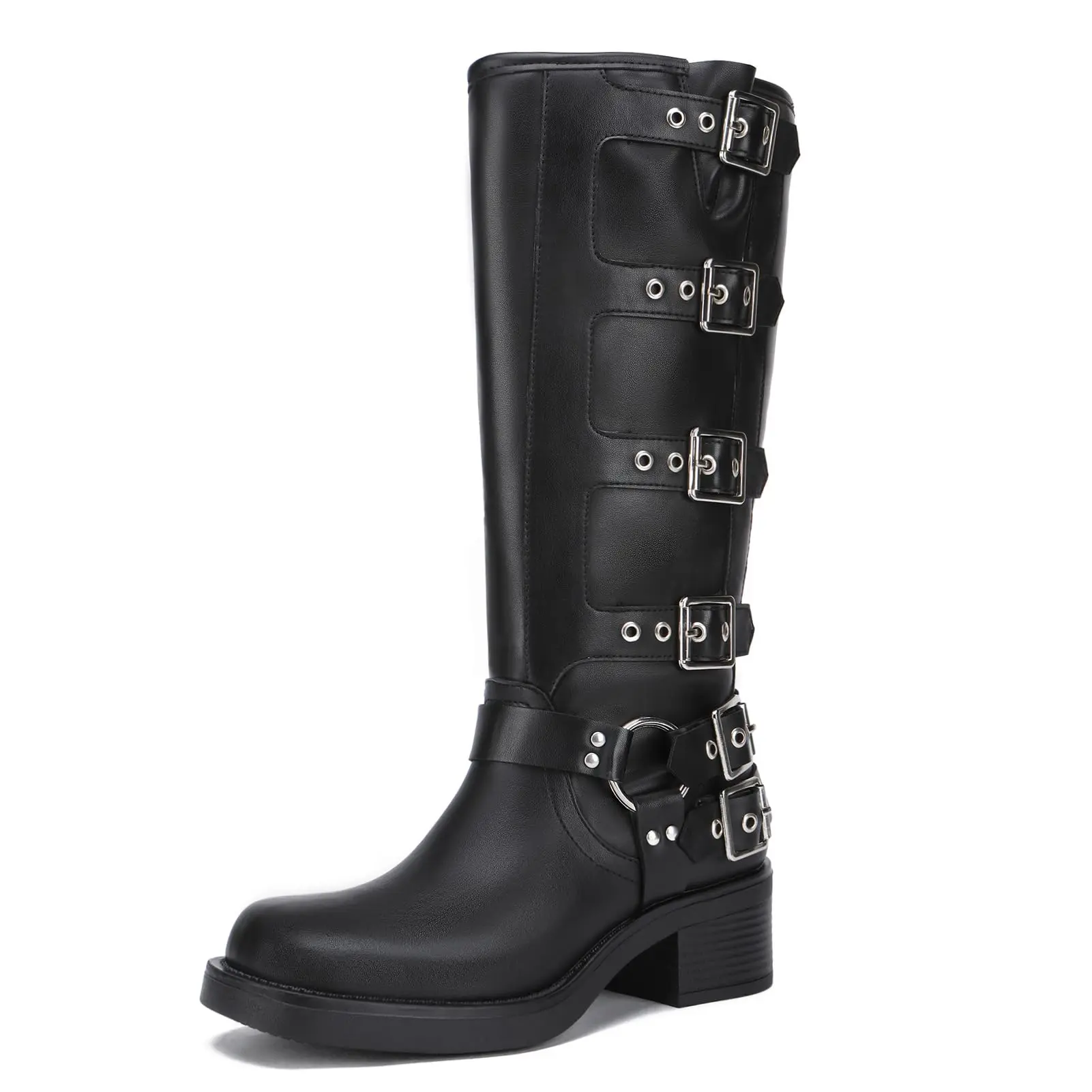 Women's Vintage Knee-High Riding Boots - PU Leather, TPR Soles, Adjustable Metal Buckle, Square Toe, Chunky Heel, Wide Calf Biker Style Fashionable Footwear for Comfortable Walking, Match Various Items, summerwins, Suitable All Year Round, Super Versatile