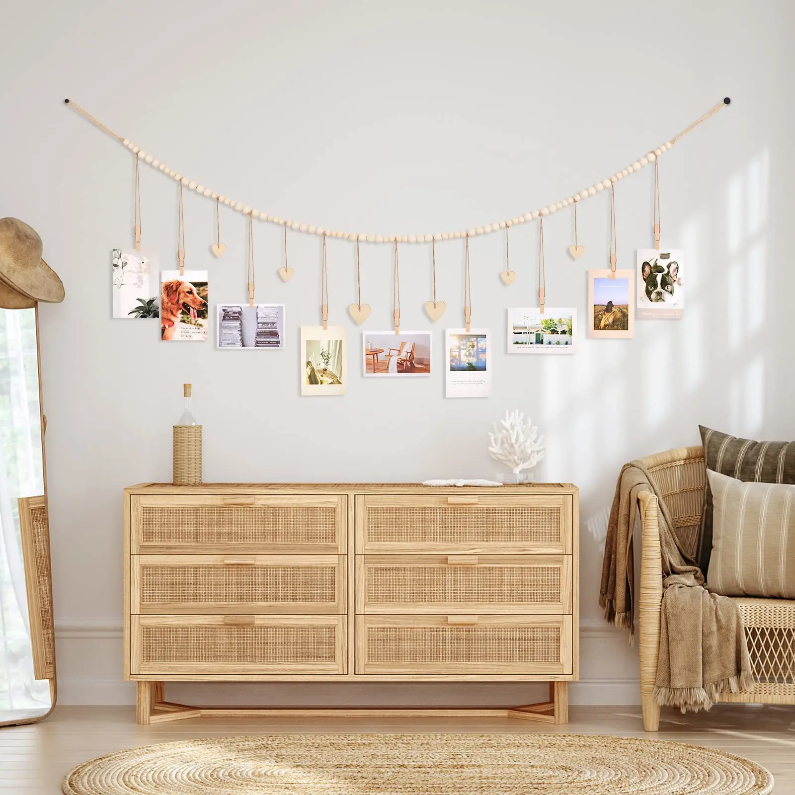 Wood Bead Hanging Photo Display Hemp Rope Natural Wood Beads Fringe Clips Picture Frame Storage Home Decor Wall Decor Hanging Decoration, Photos Size 4r