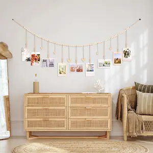 Wood Bead Hanging Photo Display Hemp Rope Natural Wood Beads Fringe Clips Picture Frame Storage Home Decor Wall Decor, Photos Size 4r