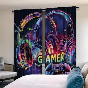 2 Piece Printed Curtains, Background with Colorful Game Controller and Gamer Text, Rod Pocket Design, Semi-Transparent Privacy Curtains