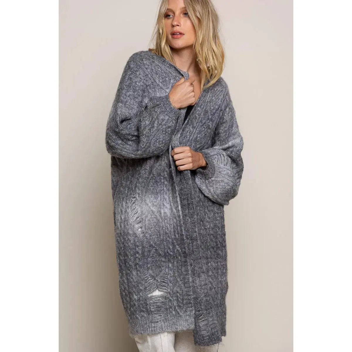 POL Distressed Cable-Knit Ombre Dying Cardigan