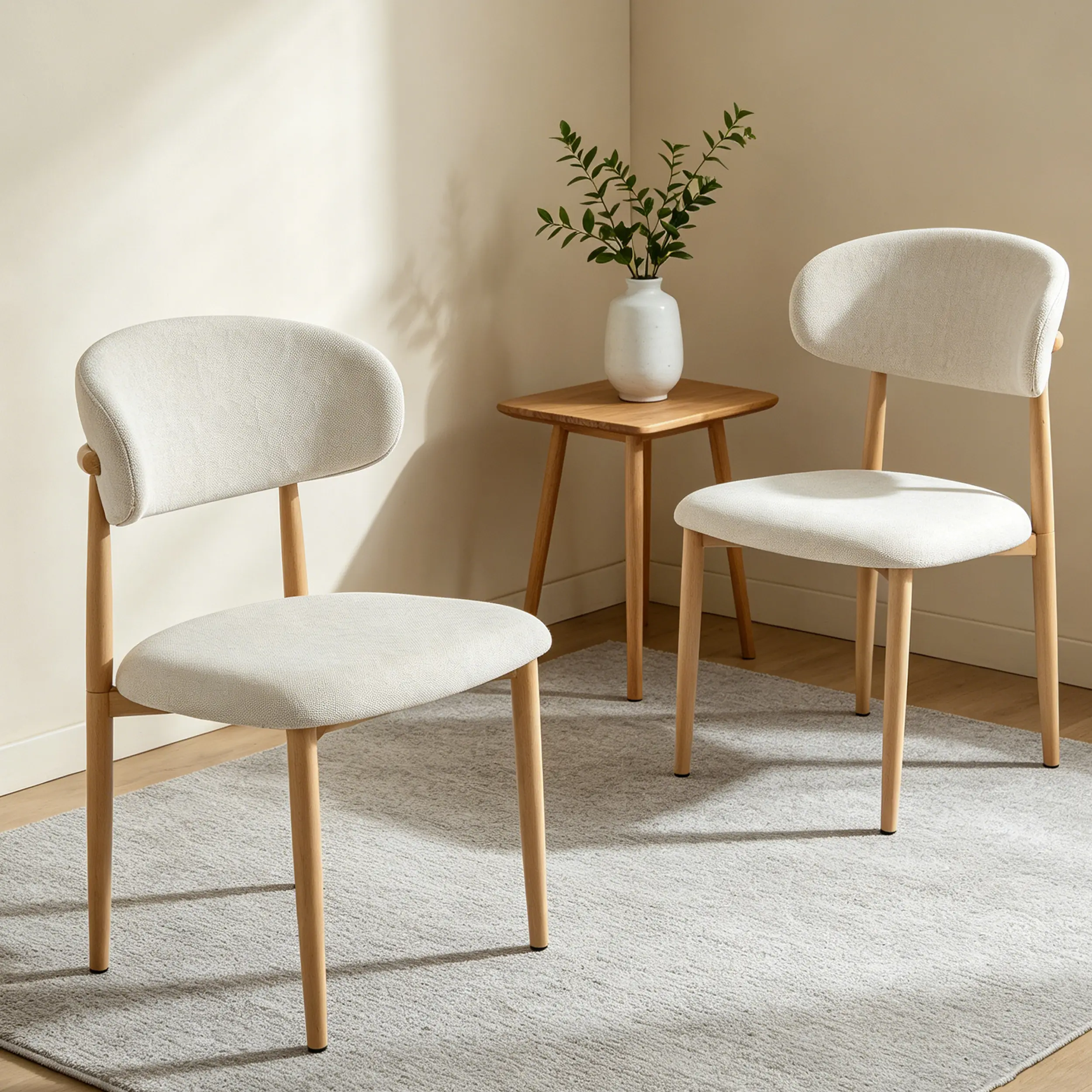 Mid-Century Modern Dining Chairs Set of 2, Minimalist Upholstered Accent Chairs with Curved Back, Comfortable Fabric Side Chairs with Wood Legs for Kitchen, Dining Room, Small Spaces