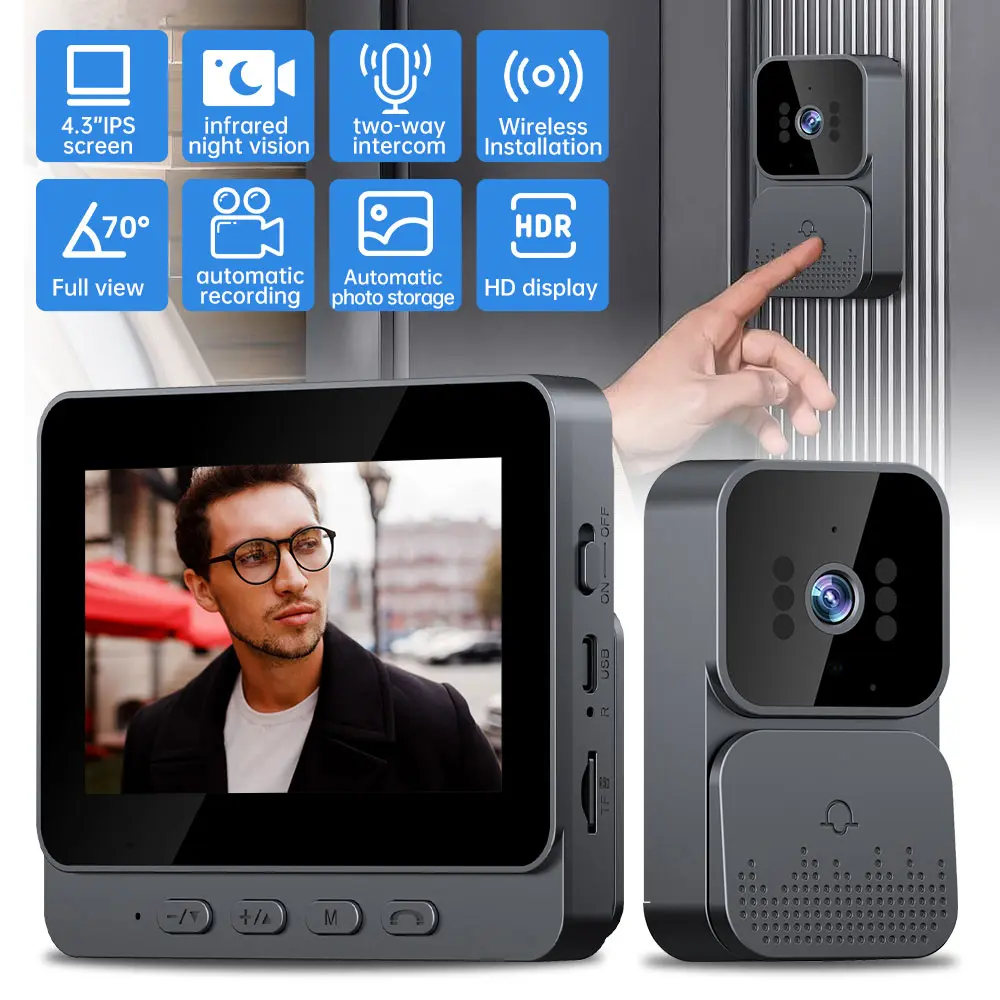 [DealsForYouDays] Wireless Video Doorbell with 4.3" IPS Indoor Screen, 2.4G Long-Range Private No-WiFi Connection, 2-Way Video Intercom, IR Night Vision, TF Card Recording, Easy Pairing