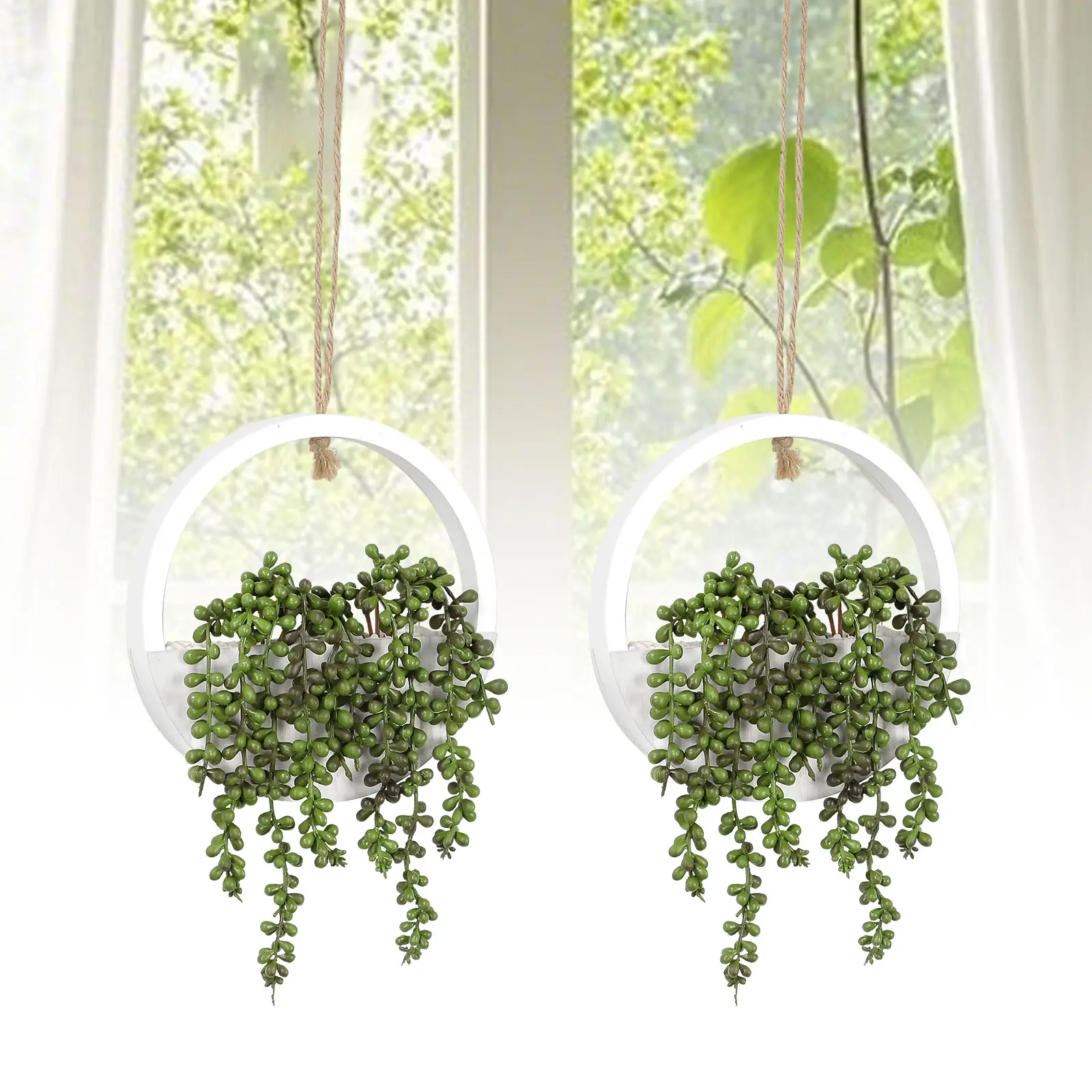 2pcs Nature Ornaments Round Artificial Hanging Plants with Light Strip - Fake Succulents & String of Pearls in Pot with Lanyard, Boho Living Room Decor Gift, Plant Decor, Decorative
