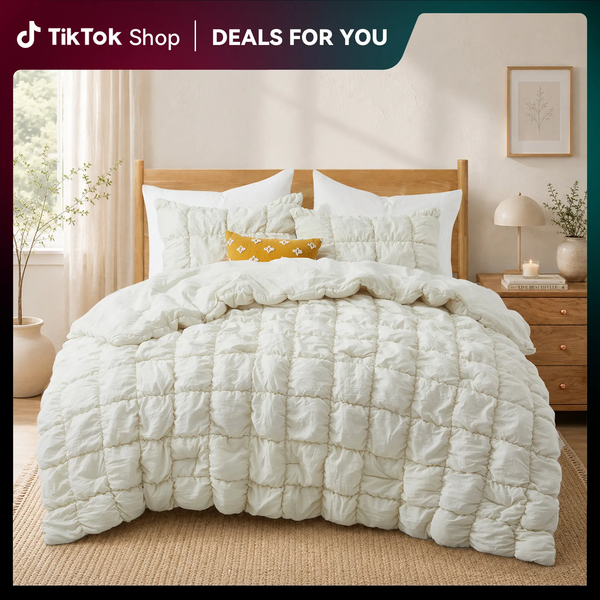 PEACE NEST Cloud Puff Queen Comforter Set - Fluffy Weave All-Season Down Alternative 2-in-1 Lightweight Duvet, Cozy Setup Reversible Quilted Bedding for Princess Room Home Decor, King Option Available
