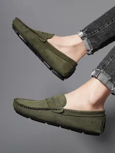 Men's Handmade Suede Slip-On Flat Loafers, Rubber Sole Soft Lightweight Casual Driving Shoes