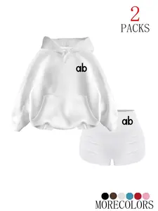 Casual Women's Hooded Sweatshirt Shorts Set, Ab Letter Print, Loose Shoulder Design, High Waisted Ruched Shorts, 2 Piece Set, Spring & Fall