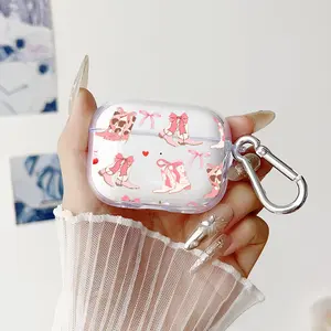 Pink Bow Boots Pattern TPU Soft Protective Case for Apple AirPods 4/3/2/1/Pro/Pro2 Transparent Earphone Cover with Keychain Attachment
