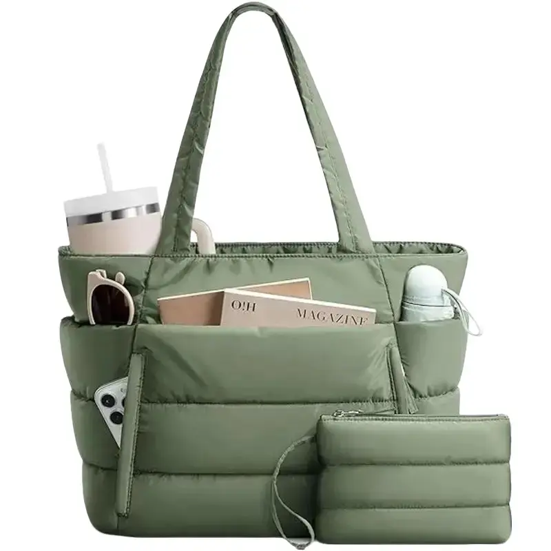Soft Quilting Padded Look Waterproof Tote Bag with Matching Pouch, Large Capacity Multiple Pockets Shoulder Purse, Lightweight Handbag for Work, Travel, Tote Bags, Business, High-Capacity, Casual