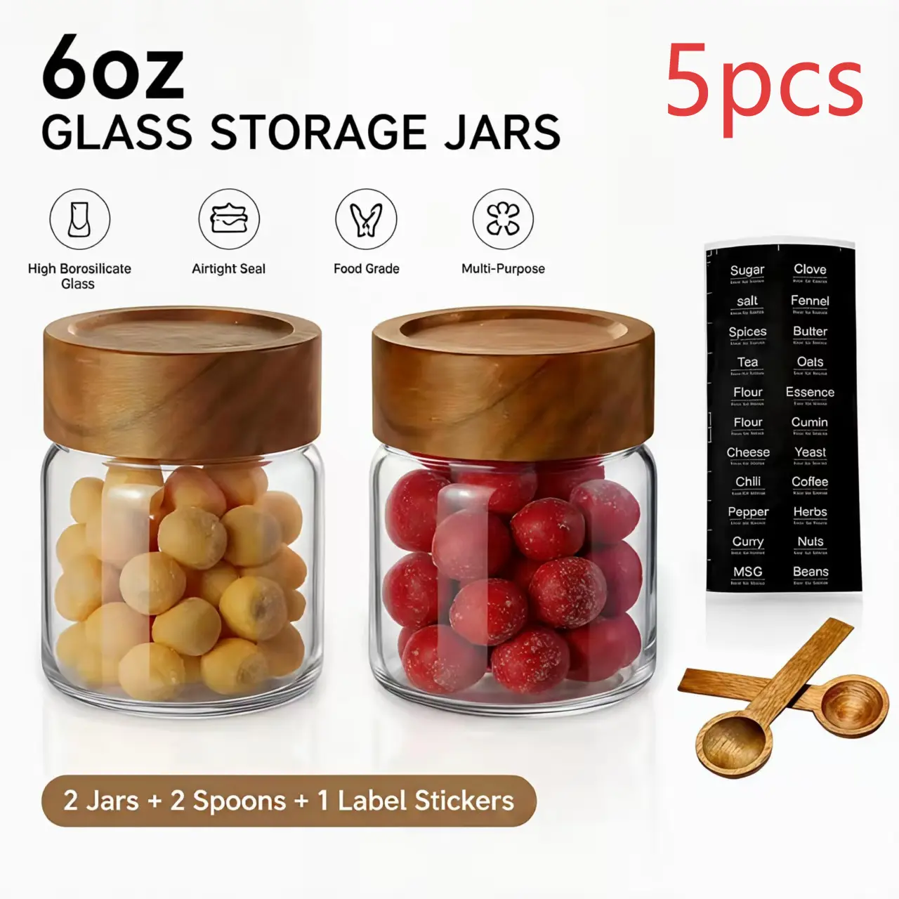 6-oz Screw-Top Glass Jar with Excellent Sealing Cedar Wood Lid, Wooden Spoon & Pre-Printed Labels (Home Organizer for Spice, Coffee Storage)