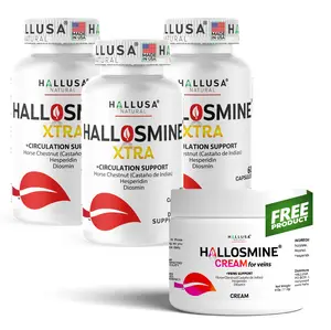 HALLUSA NATURAL HALLOSMINE XTRA 180 Capsules + FREE Veins Cream Diosmin Horse Chestnut Hesperidin Circulation Vein Health Support Supplement